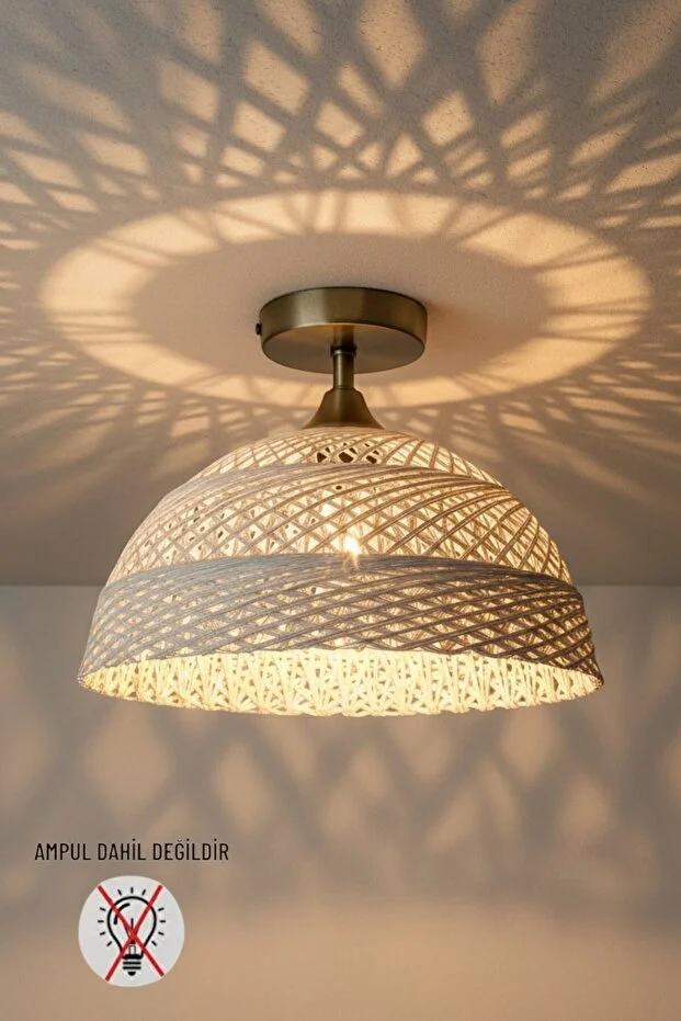 Bohem Recycle İplik Jüt El Yapımı Krem Piramit Plafonyer Başlık Tekli Modern Aydınlatma 2